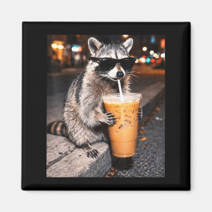Lustiger Waschbär trinkt eisgekühlten Kaffee Tier Magnet