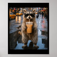 Lustiger Waschbär trinkt eisgekühlten Kaffee Tier