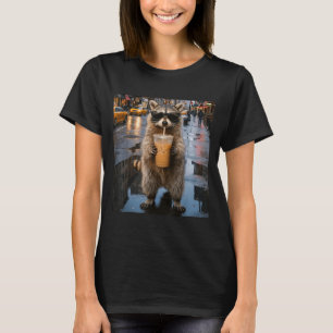 Lustiger Waschbär trinkt eisgekühlten Kaffee Tier T-Shirt