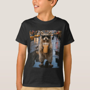 Lustiger Waschbär trinkt eisgekühlten Kaffee Tier T-Shirt
