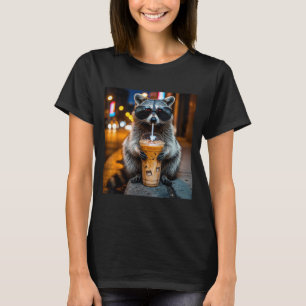 Lustiger Waschbär trinkt eisgekühlten Kaffee Tier T-Shirt