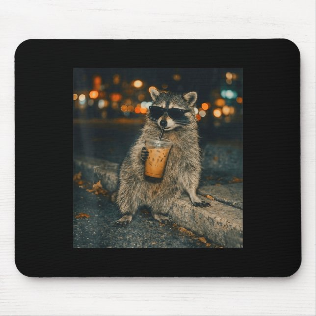 Lustiger Waschbär trinkt Eiskaffee Tier Meme Männe Mousepad (Vorne)