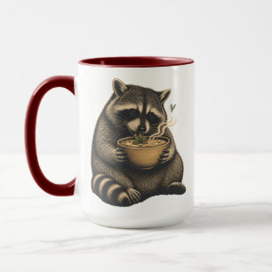 Lustiger Waschbär trinkt heiße Suppe Tasse