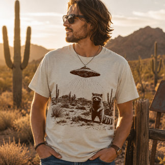 Lustiger Waschbär-UFO-Alien-Entführung Wüste T-Shirt