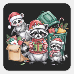 Lustiger Waschbär-Weihnachtsopossum & Straßenkatze Quadratischer Aufkleber