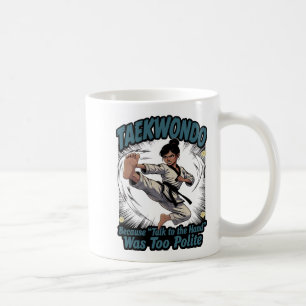 Lustiger weiblicher fliegender Kick Taekwondo Kaffeetasse