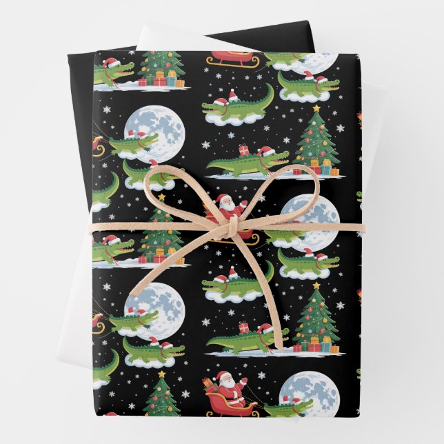 Lustiger Weihnachtsbaum mit Lichtern Santa reitet  Geschenkpapier Set (Beispiel)