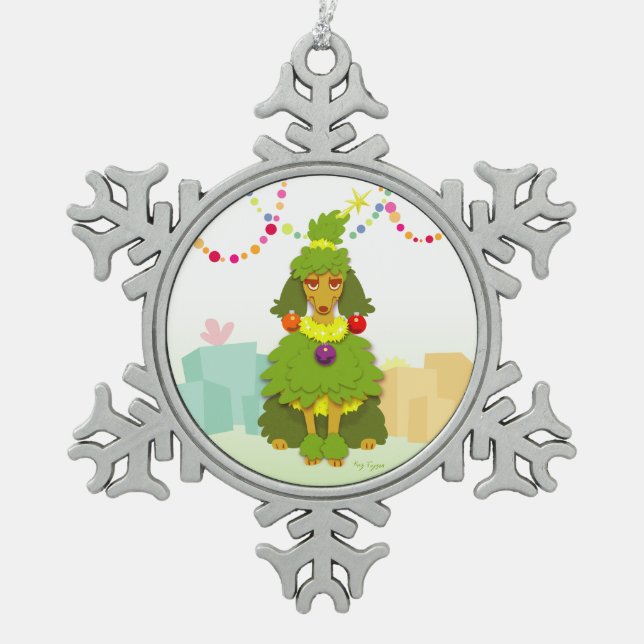 Lustiger Weihnachtsbaum-Pudel Schneeflocken Zinn-Ornament (Vorderseite)