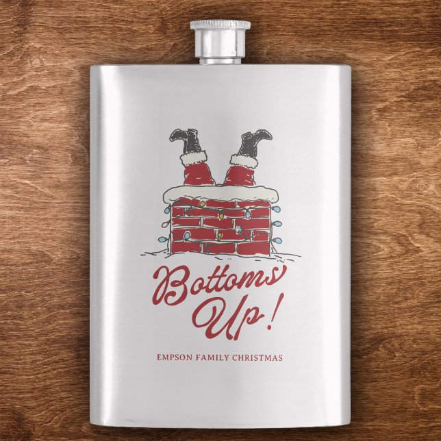 Lustiger Weihnachtsfeier-Spruch 'Santa Bottoms Up' Flachmann (Stainless steel flask with a Santa chimney motif, light string detail, and bold “Bottoms Up!” script)