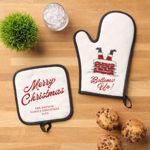 Lustiger Weihnachtskochgeschenk Santa Bottoms Up Ofenhandschuh & Topflappen-Set