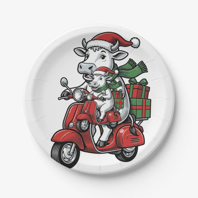 Lustiger Weihnachtskuh-Fahr-Roller im Vintage-Desi Pappteller (Vorderseite)