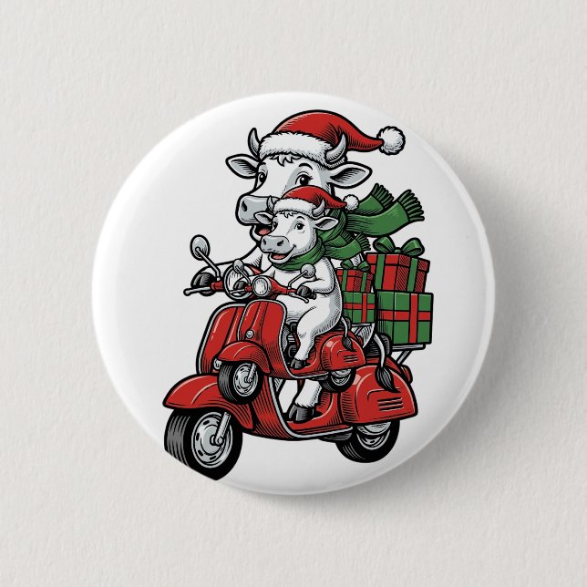 Lustiger Weihnachtskuh-Fahrrad-Roller im Vintage-D Button (Vorderseite)