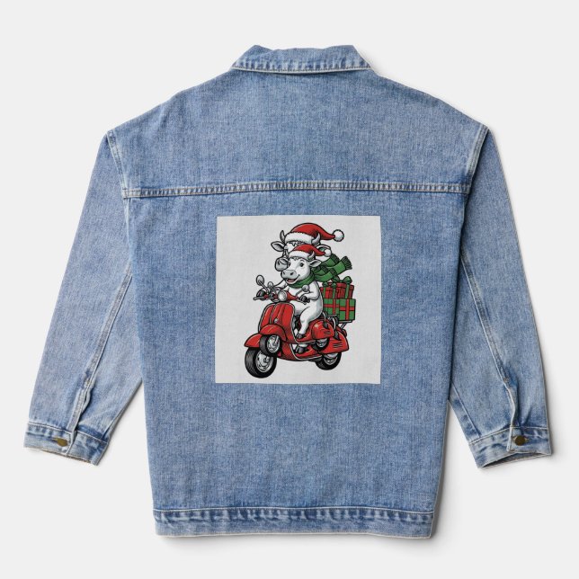 Lustiger Weihnachtskuh-Fahrrad-Roller im Vintage-D Jeansjacke (Rückseite)