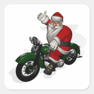 Lustiger Weihnachtsmann auf grünem Vintage-Motorra Quadratischer Aufkleber