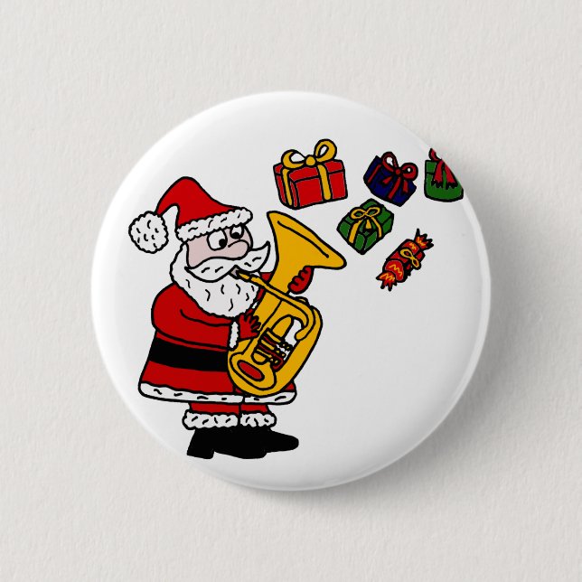 Lustiger Weihnachtsmann, der Tuba-Weihnachtskunst Button (Vorderseite)