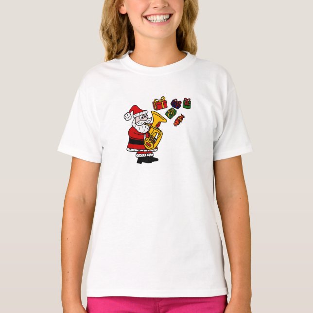 Lustiger Weihnachtsmann, der Tuba-Weihnachtskunst T-Shirt (Vorderseite)