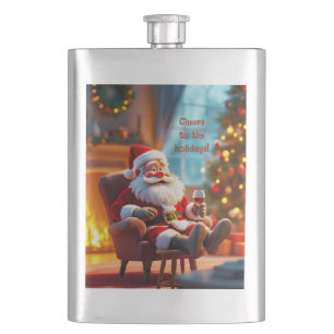 Lustiger Weihnachtsmann entspannt sich mit Rotwein Flachmann