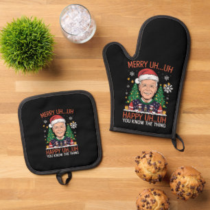 Lustiger Weihnachtsmann Joe Biden Frohe Äh Äh Weih Ofenhandschuh & Topflappen-Set