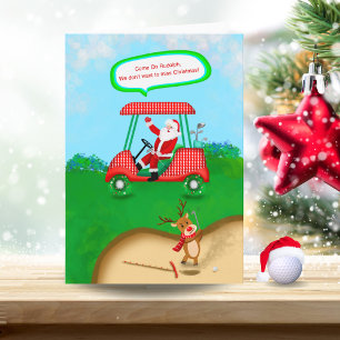 Lustiger Weihnachtsmann mit Rudolph beim Golfspiel Feiertagskarte