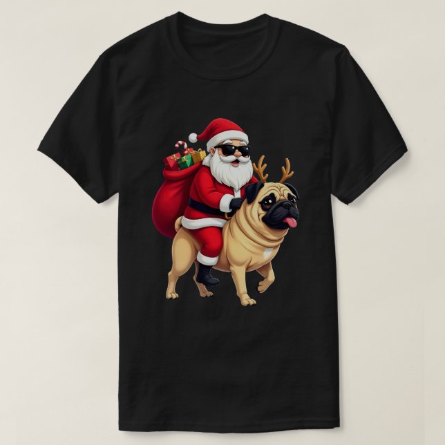 Lustiger Weihnachtsmann-Reit-Pug T-Shirt (Design vorne)