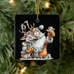 Lustiger Weihnachtsmann Rudolf Selfie Sechs Sieben Keramikornament