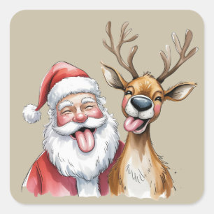 Lustiger Weihnachtsmann und Rentier Weihnachten Wi Quadratischer Aufkleber