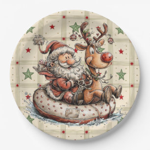 Lustiger Weihnachtsmann und Rudolf auf einer Wasse Pappteller
