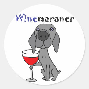Lustiger Weimaraner Hund, der Rotwein trinkt Runder Aufkleber