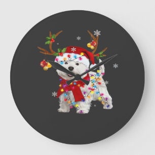Lustiger Westie-Weihnachts-Tee-Rentier-Weihnachtsl Große Wanduhr