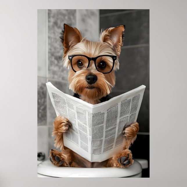 Lustiger Yorkie-Badezimmerdruck, Zeitung lesen Poster (Vorne)
