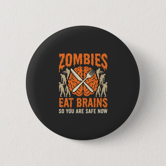 Lustiger Zombie isst Gehirne Halloween-Vektordesig Button (Vorderseite)