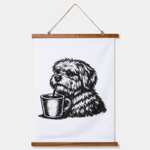 Lustiger zotteliger Hund trinkt Kaffee Holz Wandte Wandteppich Mit Holzrahmen