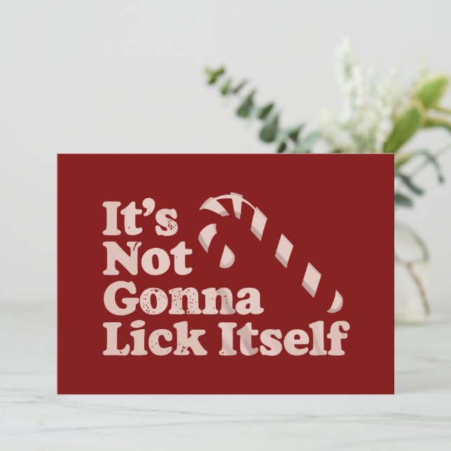 Lustiger Zuckerstangen-Leck-Selbst-Weihnachten Feiertagskarte (Stehend Vorderseite)
