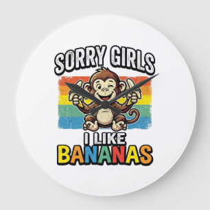 Lustiges Affen-Banane-Vintage-Stickerei-Shirt-Desi Große Wanduhr