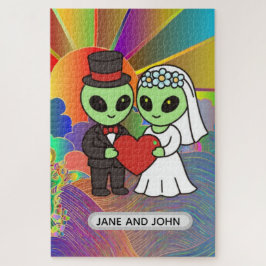 Lustiges Alien-Hochzeitspaar-Regenbogen-Kinder-Ges Puzzle