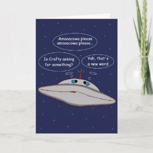 Lustiges Alien-Raumschiff-Comic-Handwerkswort im W Karte