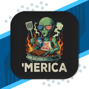 Lustiges Amerika Alien BBQ Grillen Patriotisch Ret Pappteller