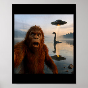 Lustiges Bigfoot-Selfie mit dem Loch-Ness-Monster Poster