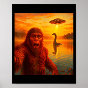Lustiges Bigfoot-Selfie mit dem Loch-Ness-Monster Poster