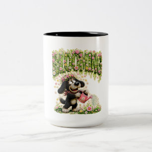 Lustiges blühendes Blumen-Hund-T-Shirt für Blumenl Zweifarbige Tasse