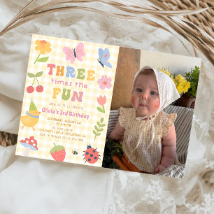 Lustiges buntes Gingham Mädchen 3. Geburtstagsfoto Einladung
