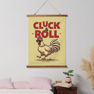 Lustiges "Cluck & Roll" Cooler Hahn Cartoon-Design Wandteppich Mit Holzrahmen