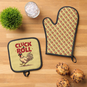 Lustiges "Cluck & Roll" Cooles Cartoon-Design eine Ofenhandschuh & Topflappen-Set