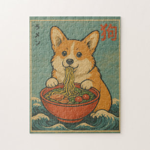 Lustiges Corgi-Ramen-Vintage-Japanisches-Kunstpuzz Puzzle