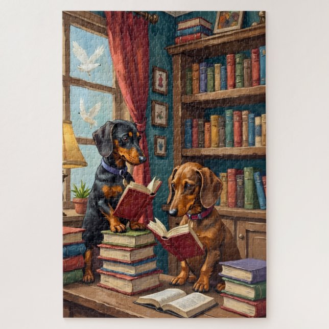 Lustiges Dachshund-Buchladen-Lesender-Hundefan-Kun Puzzle (Vertikal)