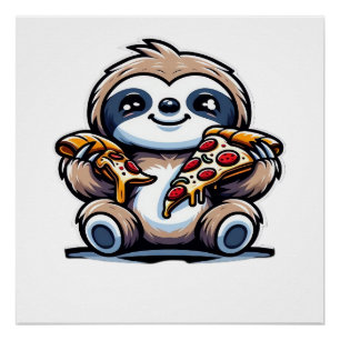 Lustiges Faultier, das Pizza isst, Kawaii-Tierlieb Poster