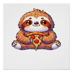 Lustiges Faultier, das Pizza isst, Kawaii-Tierlieb Poster
