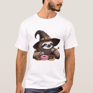 Lustiges Faultier mit Hexenhut genießt Donuts - Sü T-Shirt