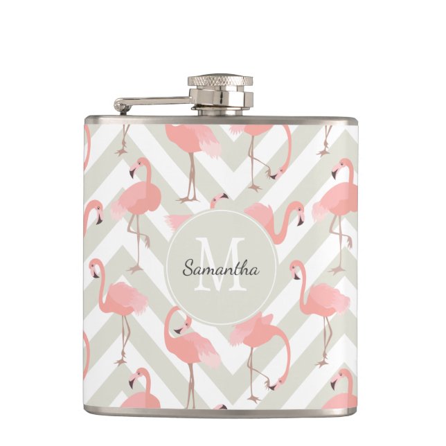 Lustiges Flamingo-Muster mit Monogramm Flachmann (Vorderseite)