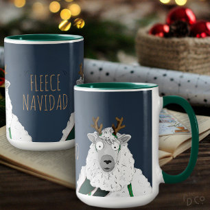 Lustiges "Fleece Navidad" Schaf Cartoon Blau Grau Tasse